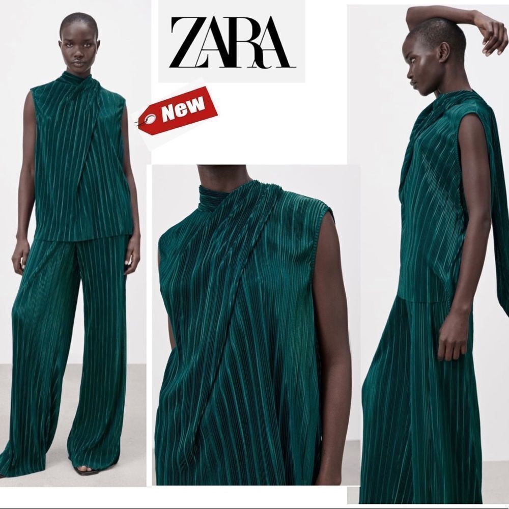 ZARA pleated sleeveless high collar blouse green Sz L NWT